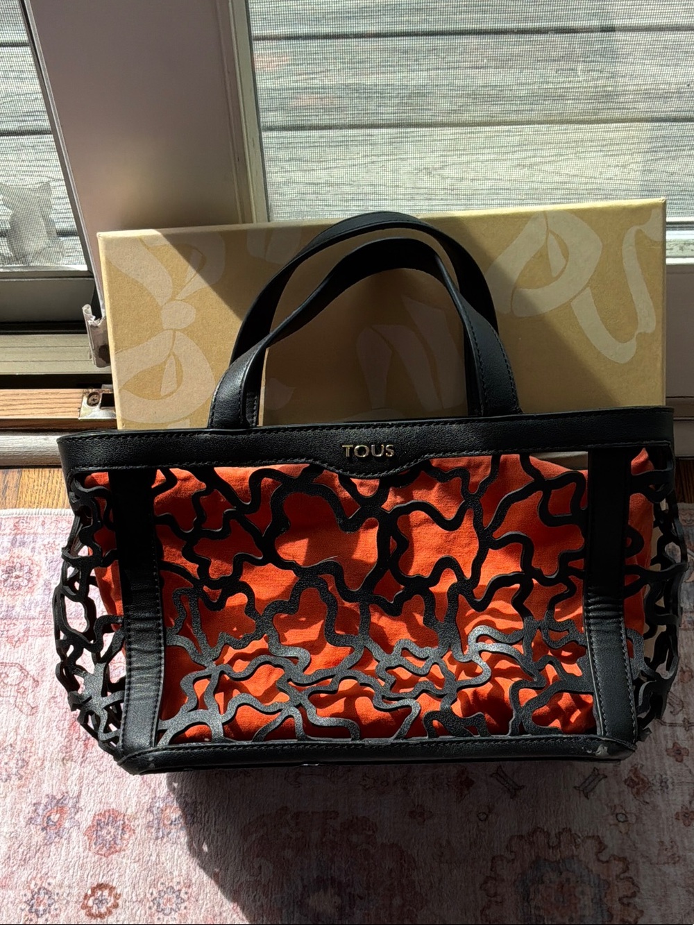 TOUS Black Cutout Tote with Orange Interior